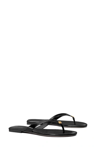 Tory Burch 'classic' Black Flip Flop Sandals With Logo Plaque And Thong Strap In Black