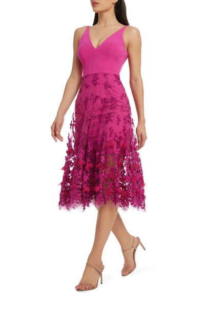 Shop Dress The Population Darleen V-neck Embroidered Mesh Cocktail Dress In Bright Fuchsia