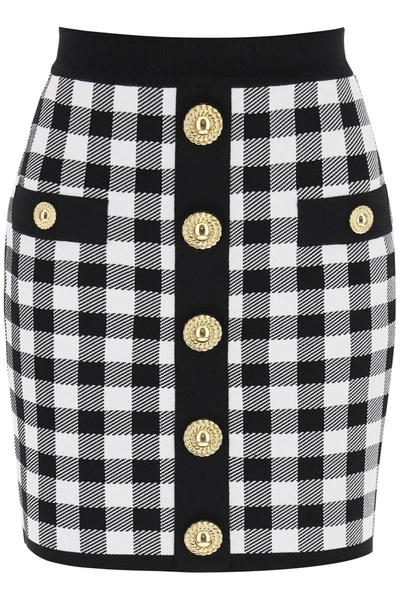Shop Balmain Gingham Knit Mini Skirt With Embossed Buttons In Multicolor
