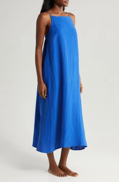 Shop Desmond & Dempsey Print Square Neck Linen Nightgown In Lazuli