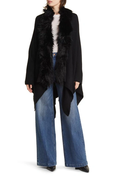 Shop La Fiorentina Ruana With Faux Fur Trim In Black