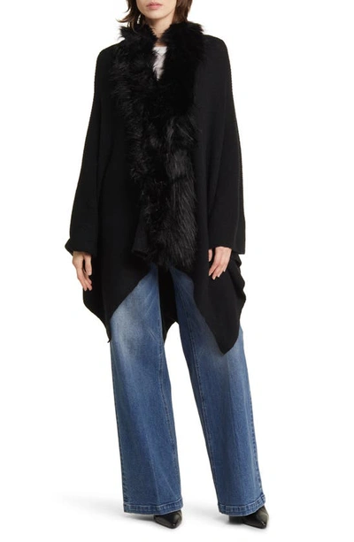 Shop La Fiorentina Ruana With Faux Fur Trim In Black