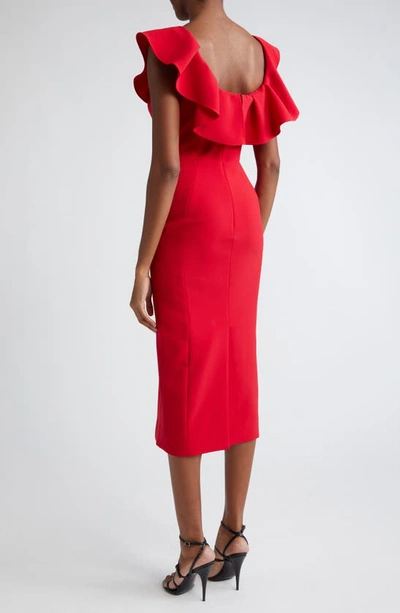 Shop Carolina Herrera Ruffle Neck Sleeveless Crepe Pencil Dress In Crimson