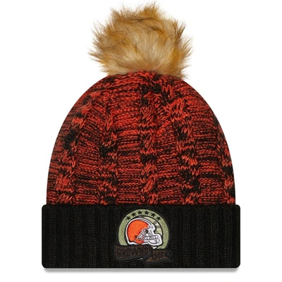 Shop New Era Black/ Cleveland Browns 2022 Salute To Service Pom Knit Hat In Orange