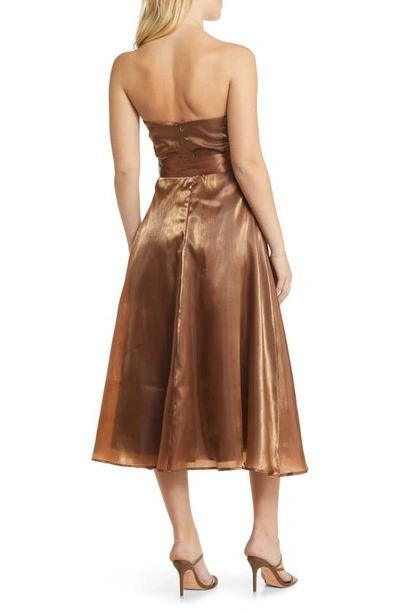 Shop Lulus Chicly Stunning Belted Strapless Cocktail Midi Dress In Shimmer Rust
