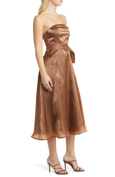 Shop Lulus Chicly Stunning Belted Strapless Cocktail Midi Dress In Shimmer Rust