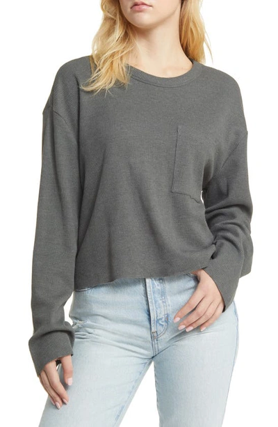 Shop Asos Design Long Sleeve Waffle Knit Crop T-shirt In Charcoal