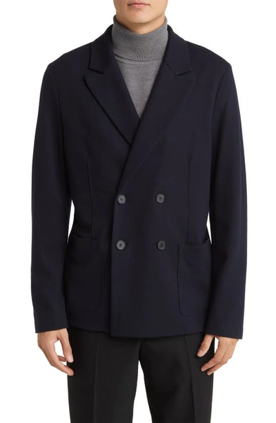 Shop Harris Wharf London Solid Wool Double Breasted Blazer In Navy