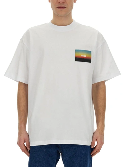 Shop Msgm T-shirt With "sunset" Patch Application In White
