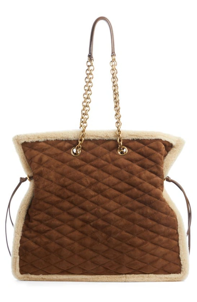 Shop Saint Laurent Le Pochon Genuine Shearling Trim Shoulder Bag In Dark Cigar/ Natural Beige