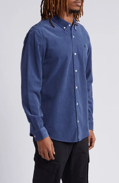 Shop Carhartt Madison Cotton Corduroy Button-down Shirt In Hudson Blue / Black