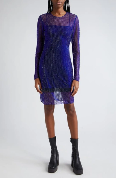 Shop Stella Mccartney Hotfix Long Sleeve Crystal Mesh Dress In Bright Blue