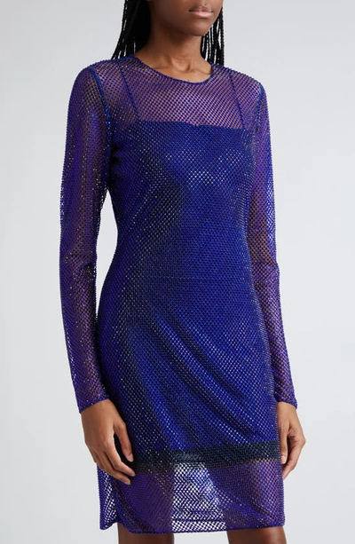 Shop Stella Mccartney Hotfix Long Sleeve Crystal Mesh Dress In Bright Blue