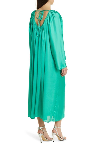 Shop Asos Design Long Sleeve Washed Satin Shift Midi Dress In Medium Green