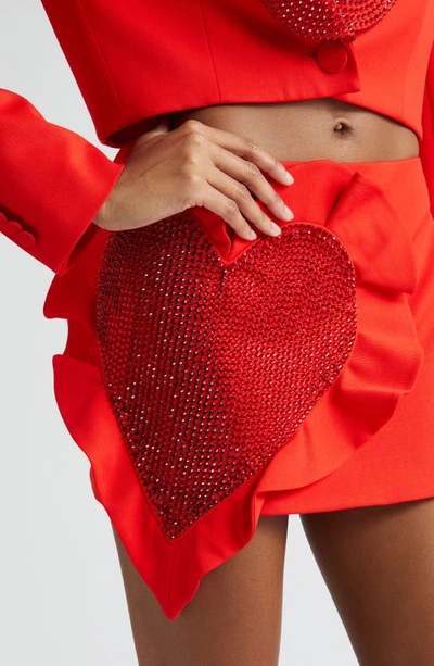 Shop Area Crystal Heart Ruffle Miniskirt In Scarlet