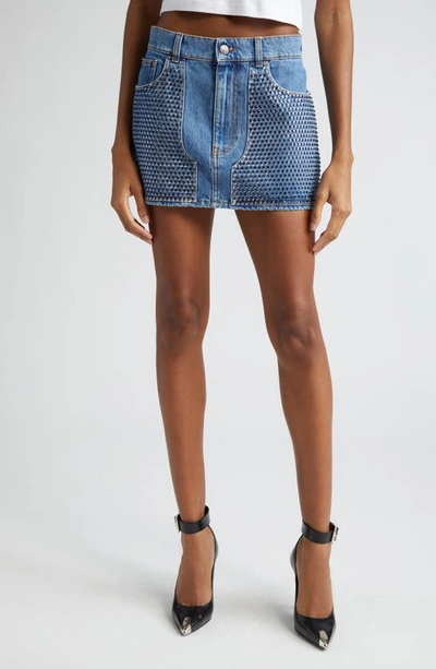 Shop Area Crystal Embellished Denim Miniskirt In Medium Indigo