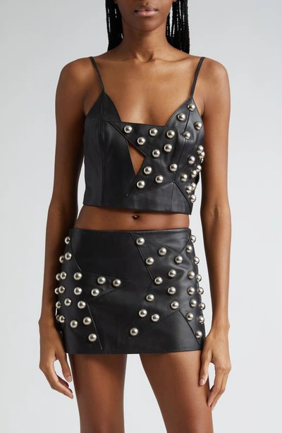 Shop Area Star Studded Cutout Leather Crop Top In Black
