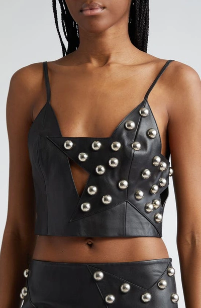 Shop Area Star Studded Cutout Leather Crop Top In Black