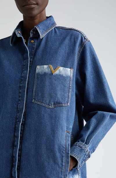 Shop Valentino Logo Detail Bleached Stripe Denim Shirt Jacket In Medium Blue Denim