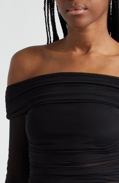 Shop Alice And Olivia Isadola Ruched Off The Shoulder Mesh Crop Top In Black