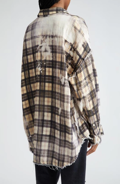 Shop R13 Shredded Seam Bleached Plaid Oversize Cotton Flannel Button-up Shirt In Bleached Black/ Beige Plaid