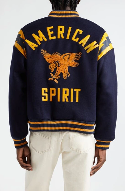 Shop Rhude American Spirit Wool Blend Varsity Jacket In Navy/ Mustard Yellow