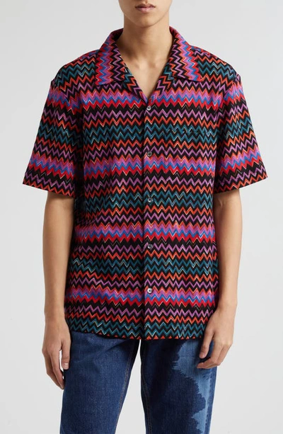 Shop Missoni Zigzag Stripe Short Sleeve Button-up Shirt In Black Base
