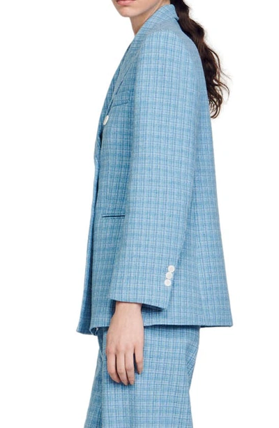 Shop Sandro Double-breasted Tweed Blazer In Blue