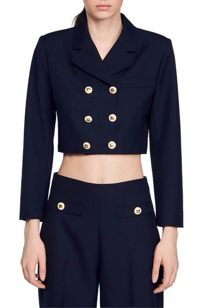 Shop Sandro Ales Double-breasted Wool Blend Crop Blazer In Deep Blue