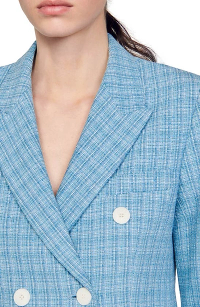 Shop Sandro Double-breasted Tweed Blazer In Blue