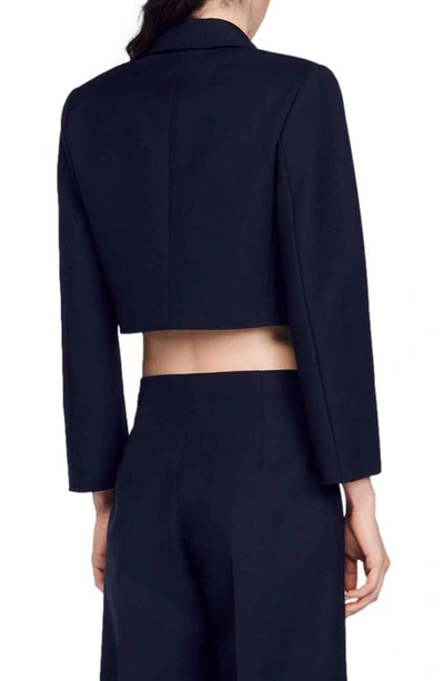 Shop Sandro Ales Double-breasted Wool Blend Crop Blazer In Deep Blue