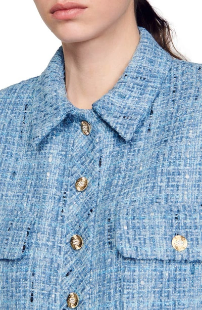 Shop Sandro Nelle Short Sleeve Tweed Crop Jacket In Blue
