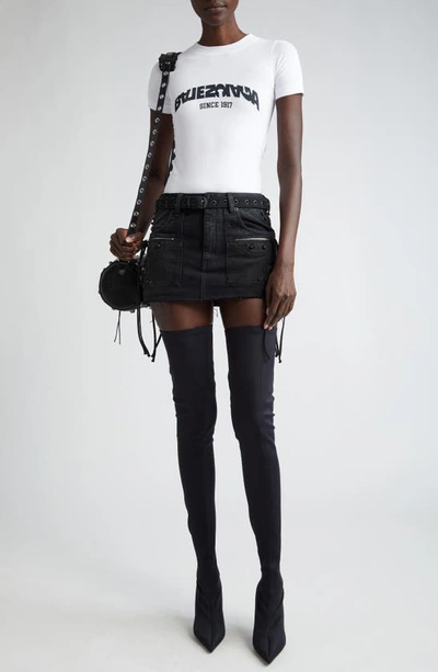 Shop Balenciaga Cagole Belted Denim Miniskirt In Sunbleached Black