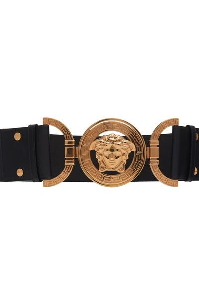 Versace La Medusa Wide Leather Belt In Black- Silver
