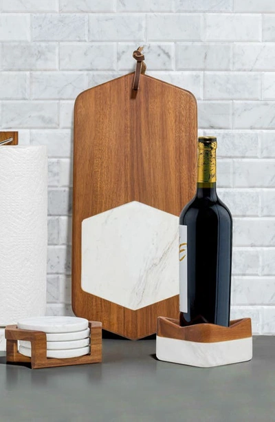 Nambe Chevron Coaster Set With Holder In Acacia Wood And Marble In Brown