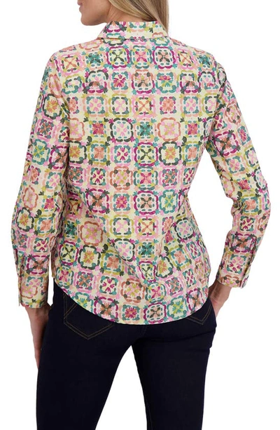 Foxcroft Zoey Watercolor Cotton Button-up Shirt In Beige Multi