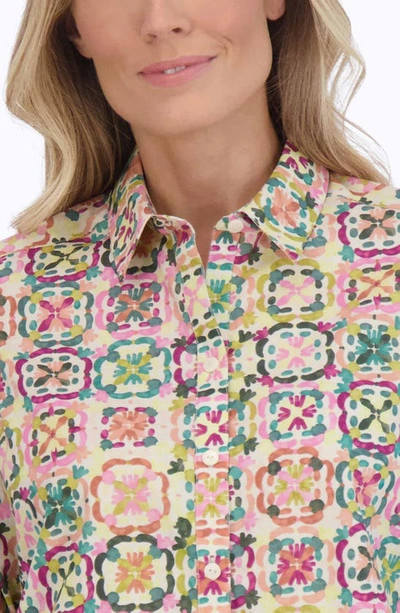 Foxcroft Zoey Watercolor Cotton Button-up Shirt In Beige Multi