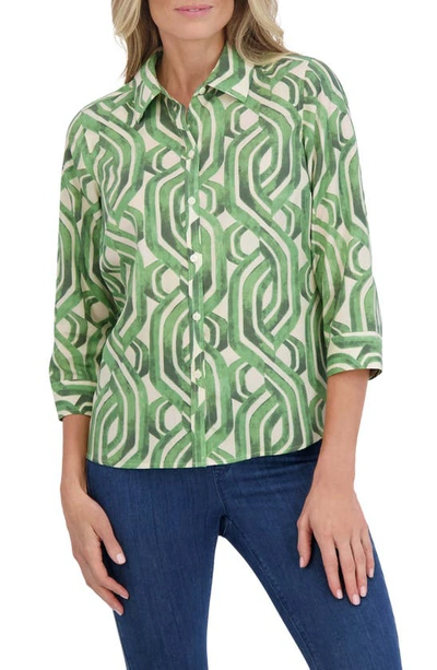 Shop Foxcroft Hampton Watercolor Print Button-up Shirt In Green Multi