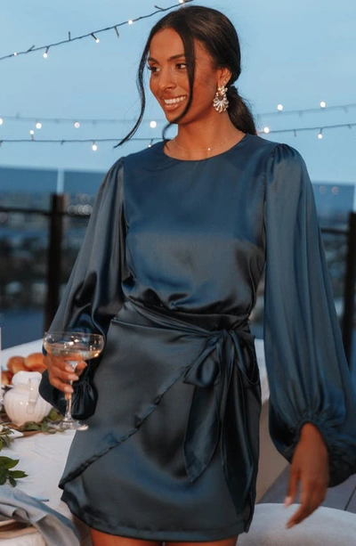 Petal And Pup Opal Tie Waist Long Sleeve Satin Minidress In Navy