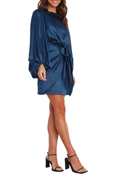Petal And Pup Opal Tie Waist Long Sleeve Satin Minidress In Navy