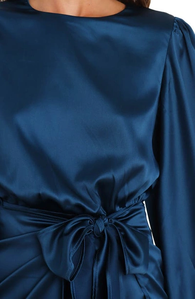 Petal And Pup Opal Tie Waist Long Sleeve Satin Minidress In Navy
