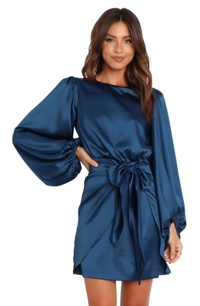 Petal And Pup Opal Tie Waist Long Sleeve Satin Minidress In Navy