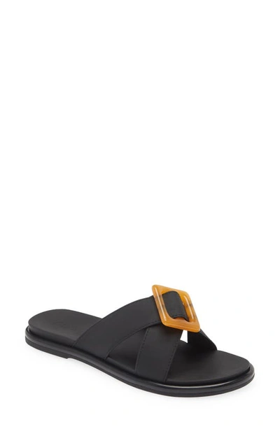 Olukai Lai Slide Womens Faux Leather Buckle Slide Sandals In Black / Black