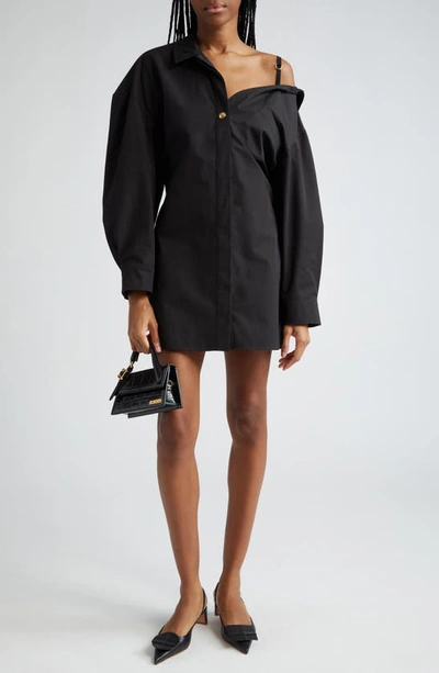 Shop Jacquemus La Mini Robe Chemise Long Sleeve Shirtdress In Black