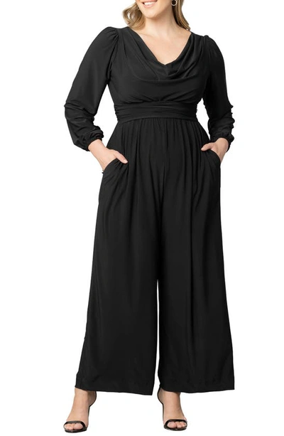 Shop Kiyonna Natalia Cowl Neck Long Sleeve Jumpsuit In Black Noir