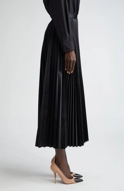 Shop Alaïa Croc Embossed Pleated Faux Leather Midi Skirt In Noir Alaia