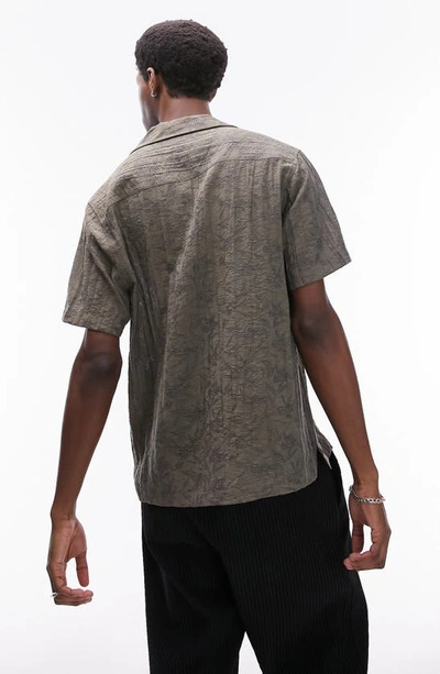 Shop Topman Leaf Jacquard Short Sleeve Cotton Button-up Shirt In Khaki Green