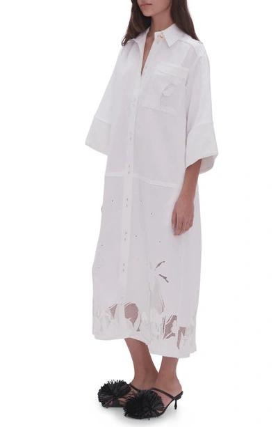 Shop Aje Agua Embroidery Detail Linen Blend Shirtdress In Ivory
