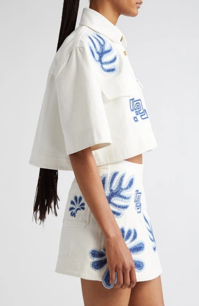Shop Aje Esprit Embroidered Crop Button-up Shirt In Ivory-blue