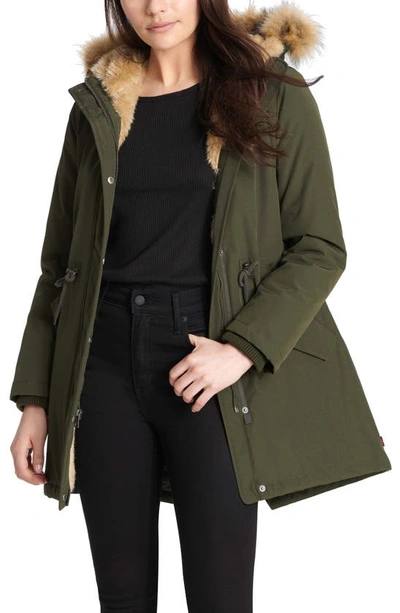Shop Levi's Arctic Cloth Water Resistant Hooded Parka With Removable Faux Fur Trim In Olive